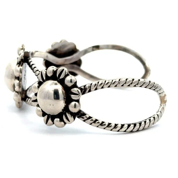 Designer Taxco 925 Sterling Silver Three Flower Design Rope Cuff Bracelet